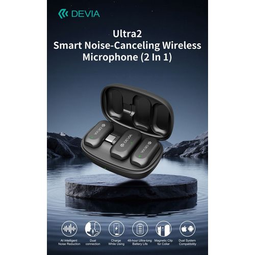 PACK 2 MICROPHONES CRAVATE 2 EN 1 SANS FIL AVEC PINCE + BOITIER DE RECHARGE - TRANS. USB-C - HD NOISE CANC. ANC - NOIR - DEVIA - 6