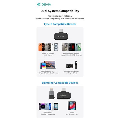 PACK 2 MICROPHONES CRAVATE 2 EN 1 SANS FIL AVEC PINCE + BOITIER DE RECHARGE - TRANS. USB-C - HD NOISE CANC. ANC - NOIR - DEVIA - 8
