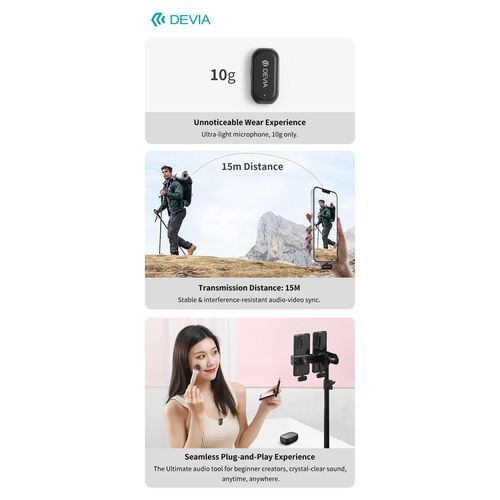 PACK 2 MICROPHONES CRAVATE 2 EN 1 SANS FIL AVEC PINCE + BOITIER DE RECHARGE - TRANS. USB-C - HD NOISE CANC. ANC - NOIR - DEVIA - 9